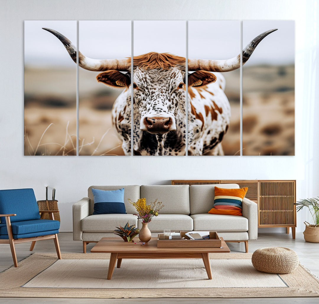 Texas Longhorn Wall Art Canvas Print, Framed Spotted Cow Art Picture Print, Horned Cattle Perfect Rustic Western Decor Artwork