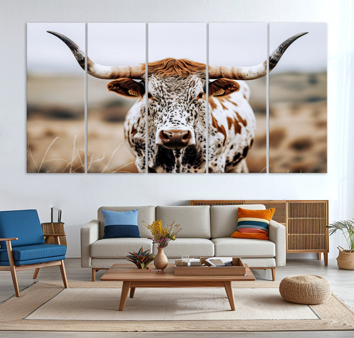 Texas Longhorn Wall Art Canvas Print, Framed Spotted Cow Art Picture Print, Horned Cattle Perfect Rustic Western Decor Artwork