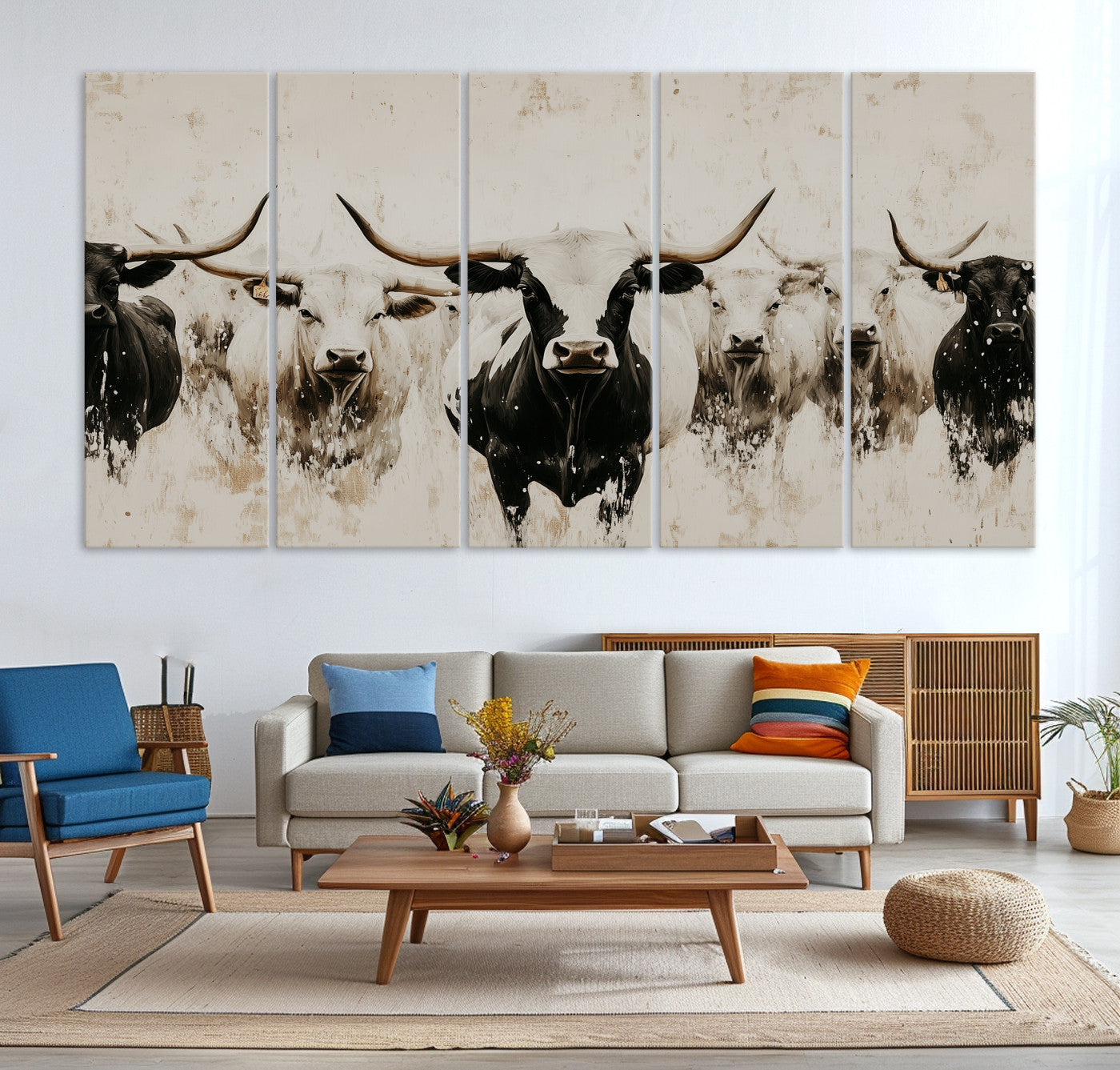 12027562-MGV-CV-36X24-Longhorn Cattle Wall Art Canvas Print – Framed Bison Herd Western Ranch Countryside Animal Landscape Artwork for Home Office