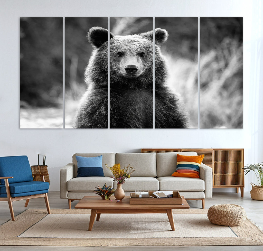 Grizzly Bear Wall Art Canvas Print, Framed Black White Bear Art Picture Print, Wild Bear Perfect Rustic Wildlife Decor