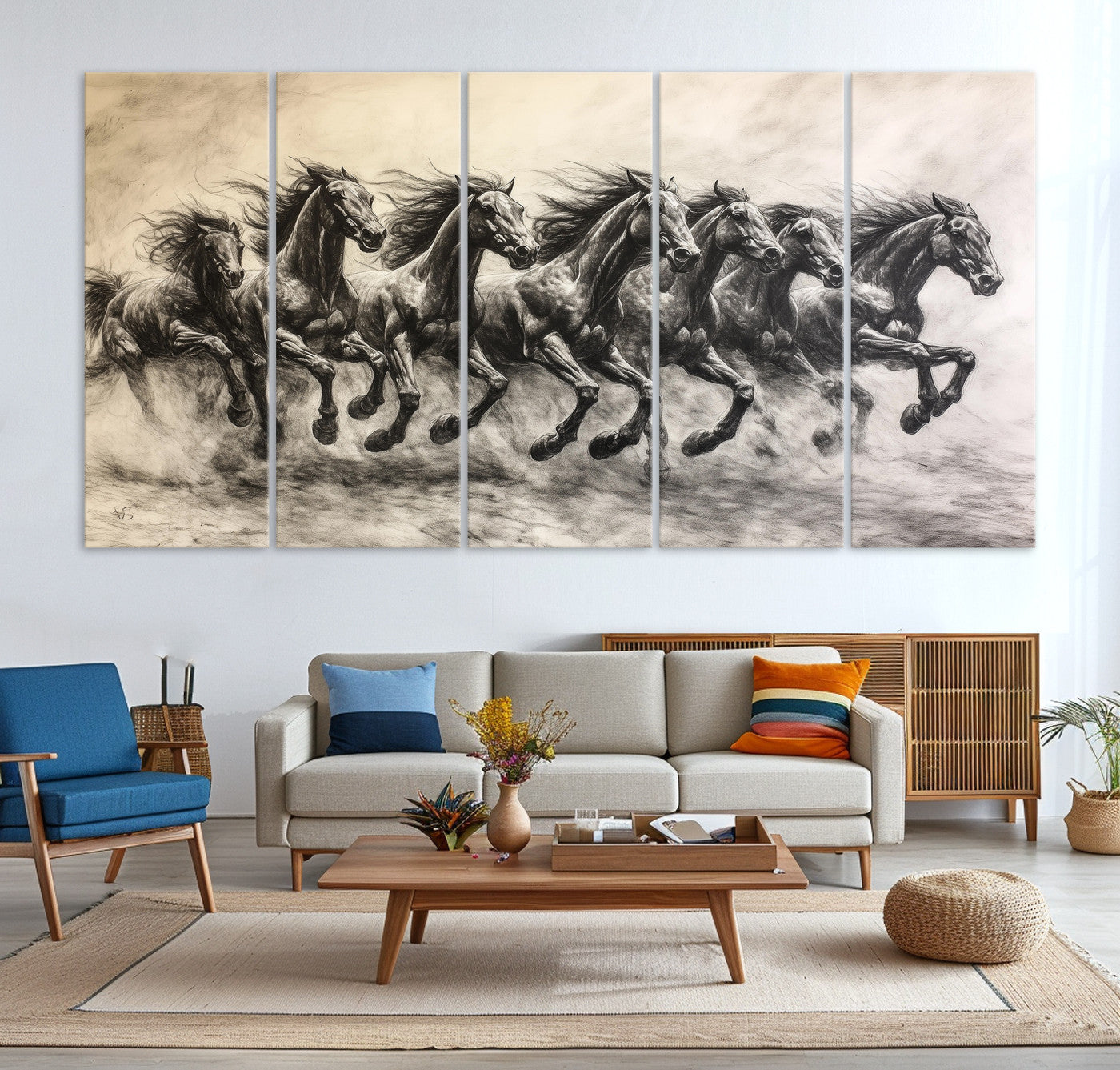56089591-MGV-CV-36X24-Galloping Horses Wall Art Canvas Print – Framed Wild Stallions Herd Sketch Dynamic Equestrian Artwork for Home Office