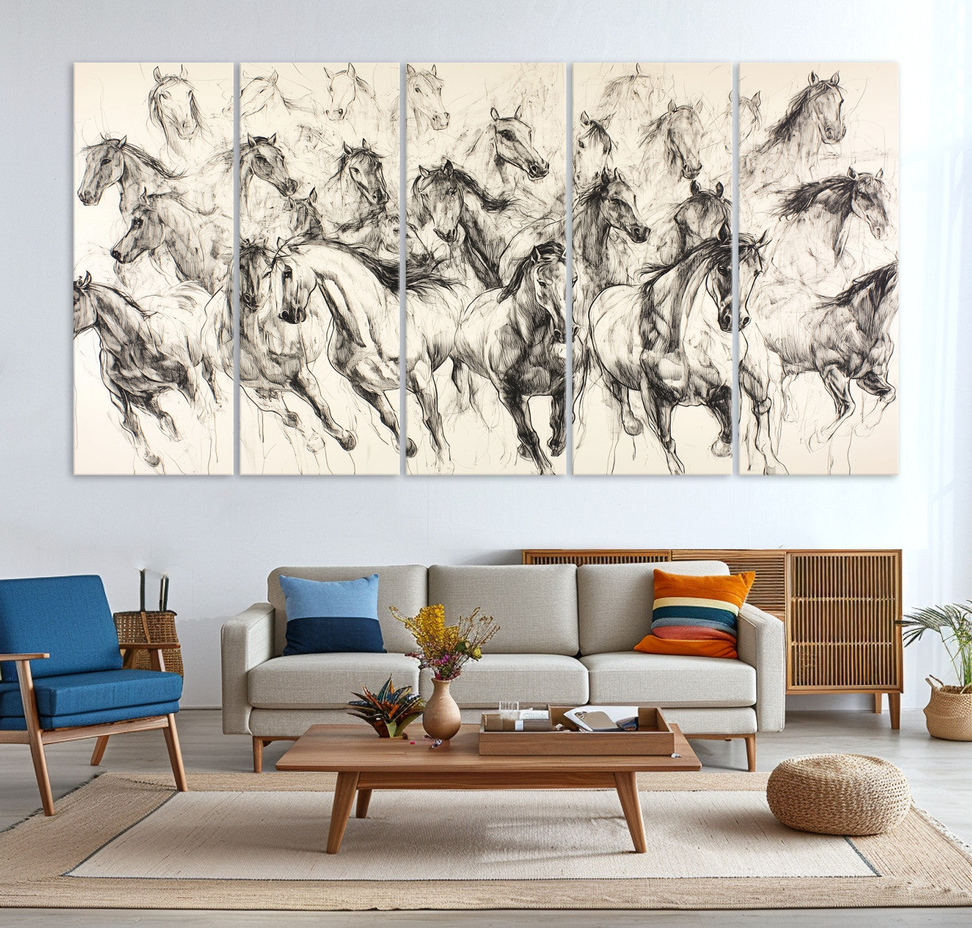 19433417-MGV-CV-36X24-Running Horses Wall Art Canvas Print – Framed Galloping Herd Dynamic Equestrian Sketch Nature Artwork for Home Office