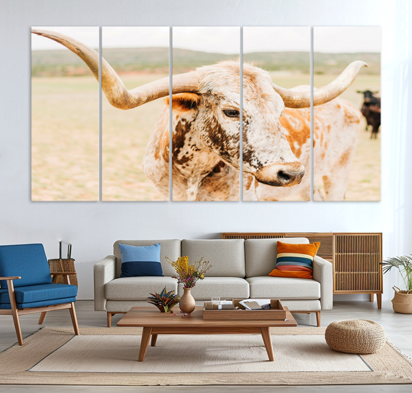 21060648-MGV-CV-36X24-Texas Longhorn Wall Art Canvas Print – Framed Speckled Cow Rustic Bull Western Farmhouse Animal Artwork for Home Office