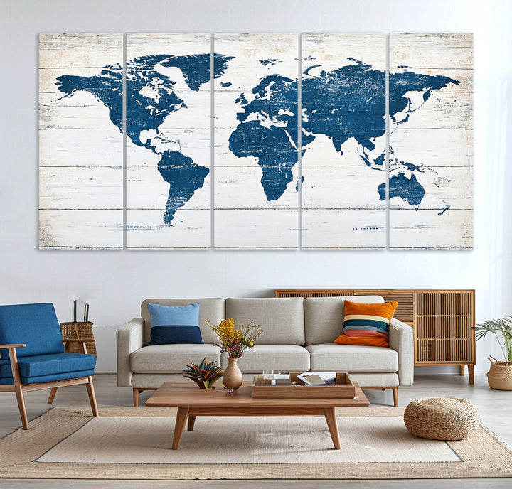 Rustic world map with blue continents on distressed wooden planks, perfect for coastal, explorer, or vintage-style wall decor.