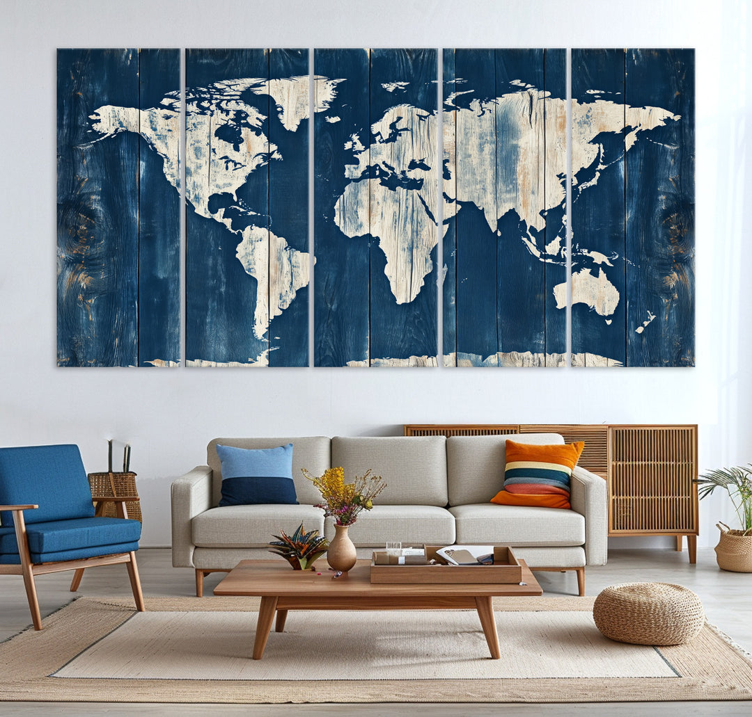 World Map Wall Art Canvas Print, Rustic Map Print, Framed Wooden World Map Art Print, Large Antique Map Decor Printing Perfect for Vintage Decor