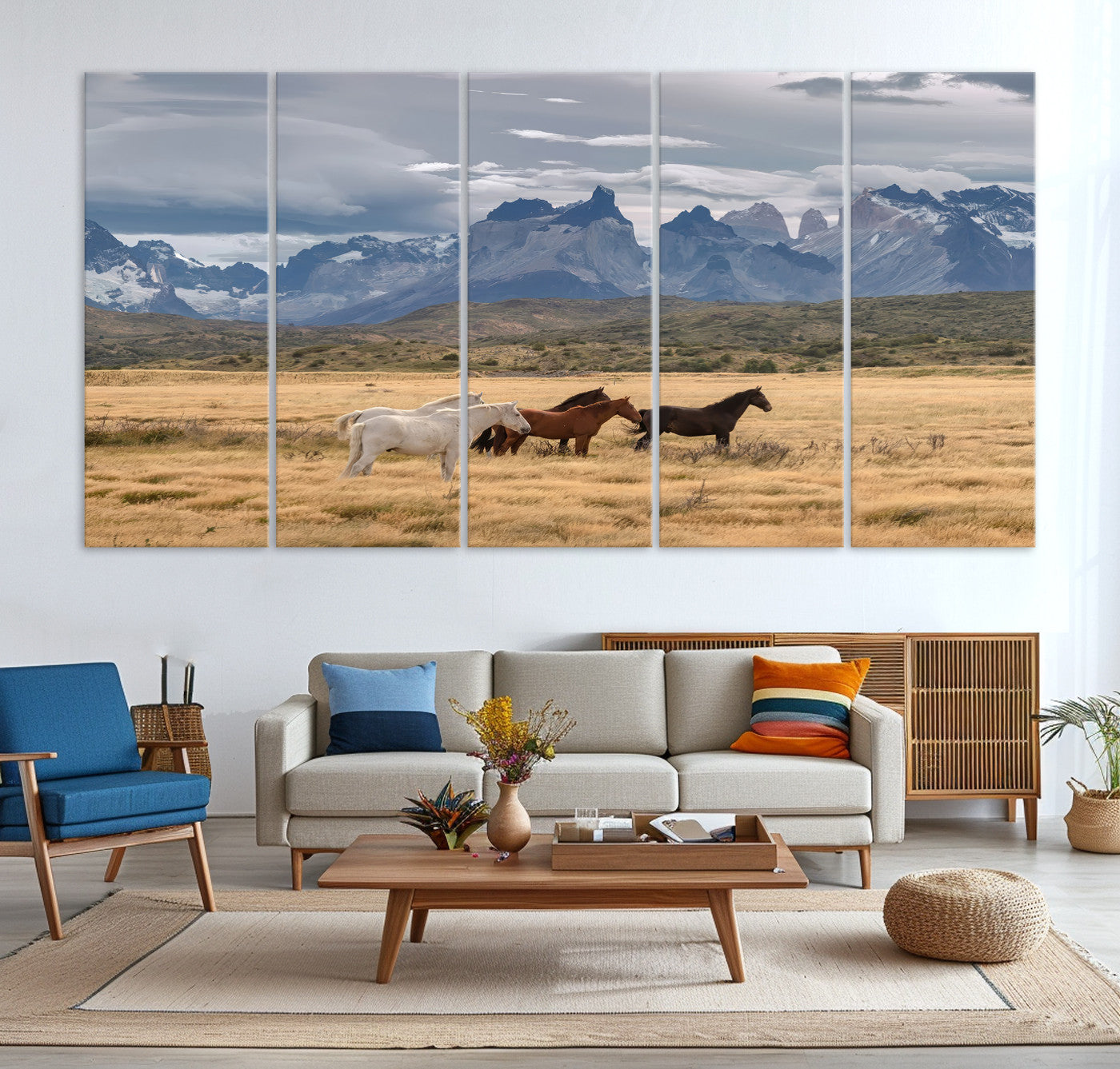 69960232-MGV-CV-36X24-Horses Grazing Wall Art Canvas Print – Framed Mountain Field Scenic Landscape Cloudy Sky Nature Artwork for Home Office