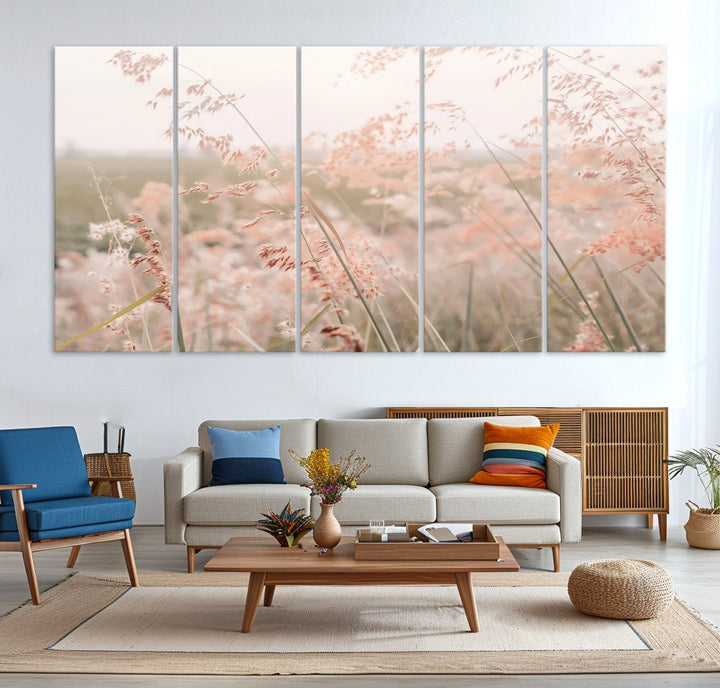 Pastel Grasses Wall Art Canvas Print, Soft Meadow Print, Framed Field in Breeze Art Print, Large Pink Meadow Printing Soft Pastel