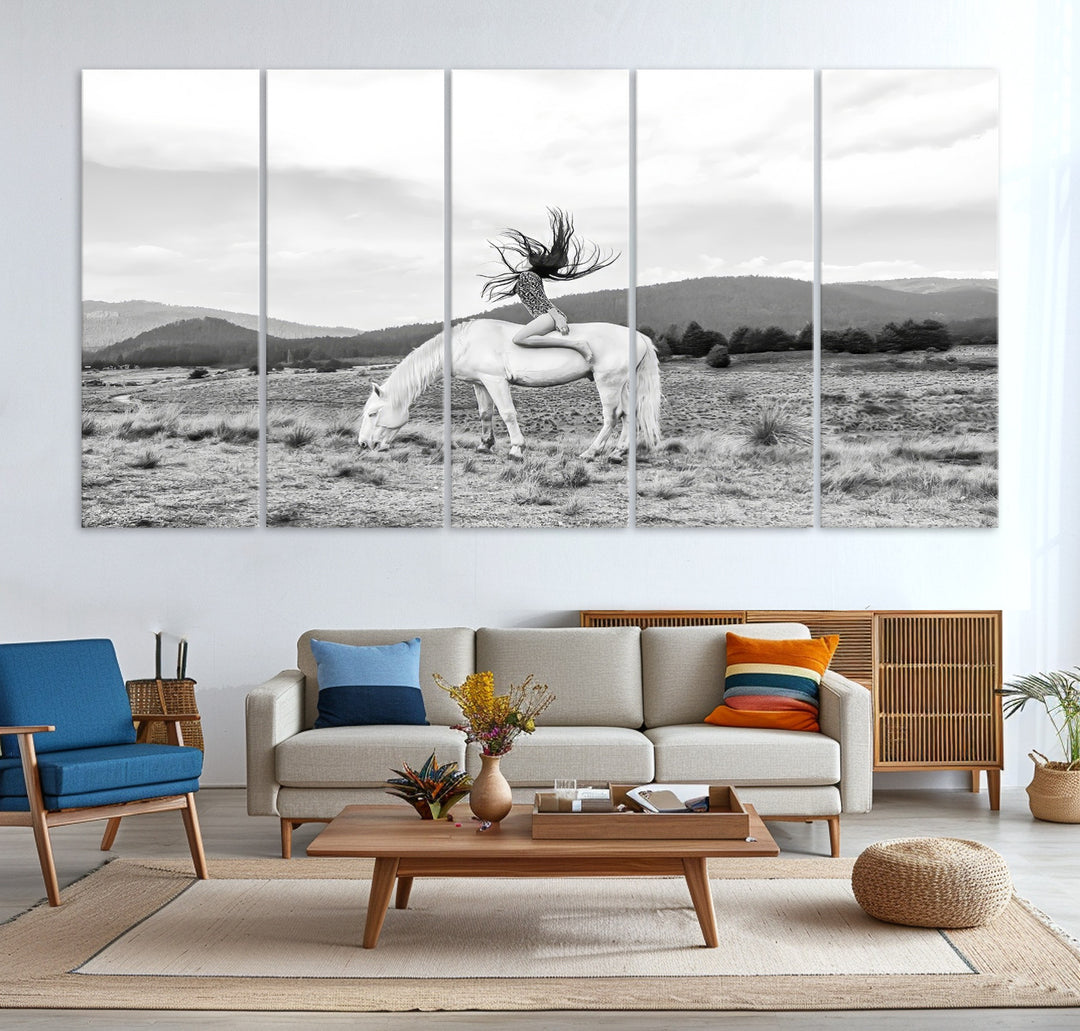White Horse Wall Art Canvas Print, Woman Rider Print, Framed Equestrian Pose Art Print, Large Grazing Horse Printing Western Boho
