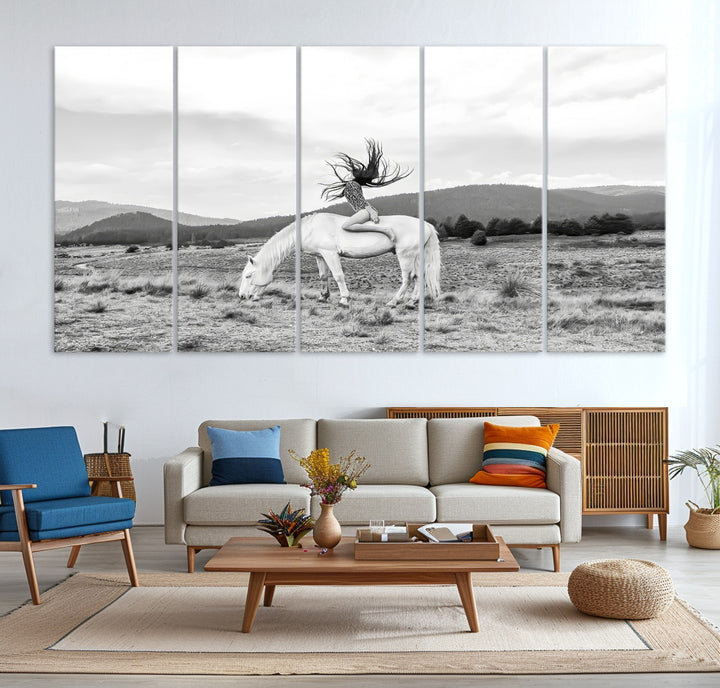 White Horse Wall Art Canvas Print, Woman Rider Print, Framed Equestrian Pose Art Print, Large Grazing Horse Printing Western Boho