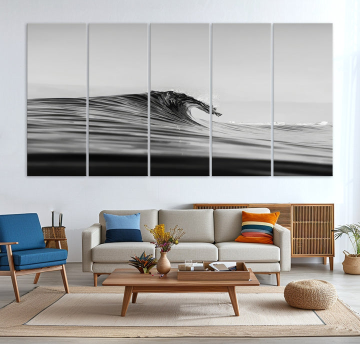 Black Wave Wall Art Canvas Print, Abstract Surf Print, Framed Minimalist Ocean Art Print, Large Black Water Printing Minimalist