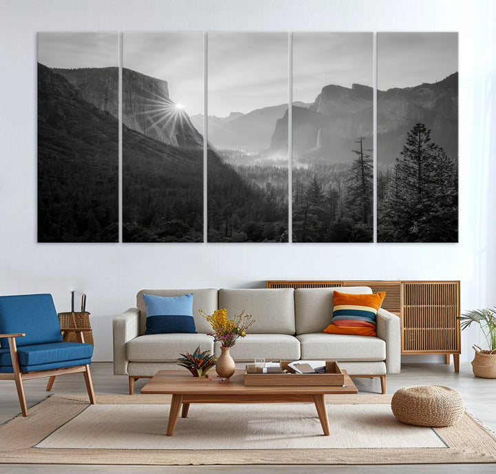 Yosemite Valley Wall Art Canvas Print, El Capitan Sunrise Print, Framed Misty Mountain Art Print, Large Monochrome Valley Printing