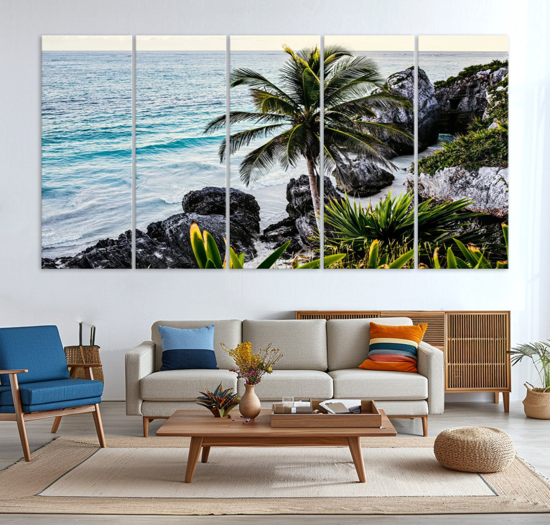 Framed canvas of a vibrant tropical coastline with palm trees, rocky cliffs, and turquoise waters, ideal for tropical coastal home decor.