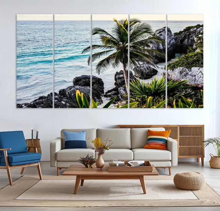 Framed canvas of a vibrant tropical coastline with palm trees, rocky cliffs, and turquoise waters, ideal for tropical coastal home decor.