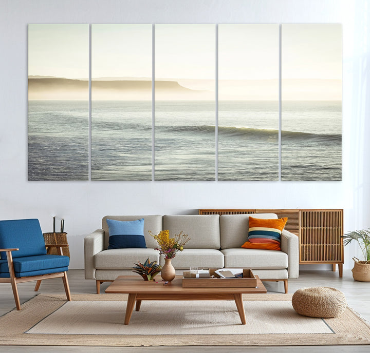 Canvas of a misty ocean scene with coastal cliffs and soft neutral tones, ideal for Scandinavian coastal or minimalist nature-inspired home decor.