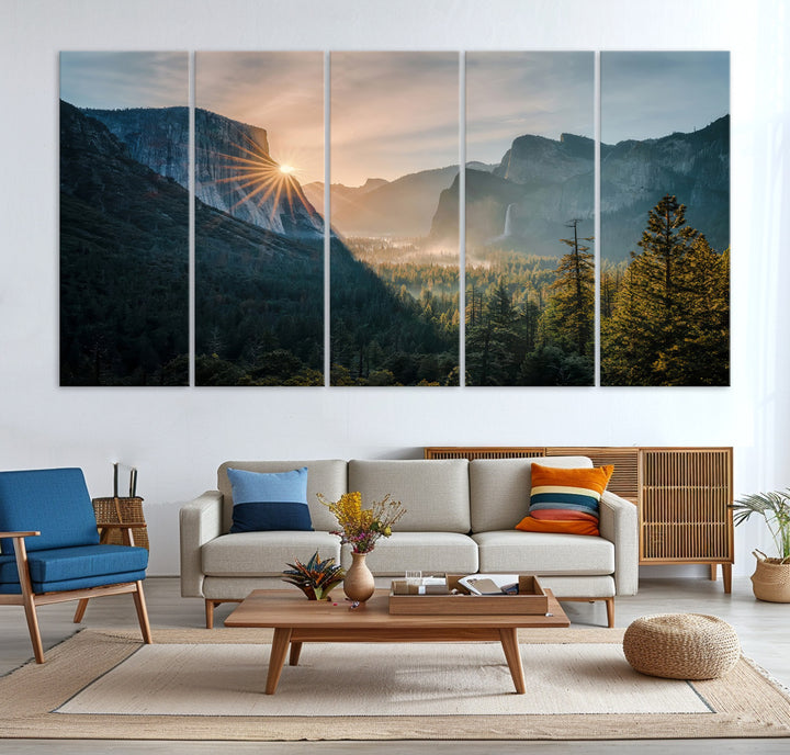 Canvas of Yosemite Valley at sunrise with dramatic rays and earthy tones, perfect for vintage explorer or wilderness-themed home decor.