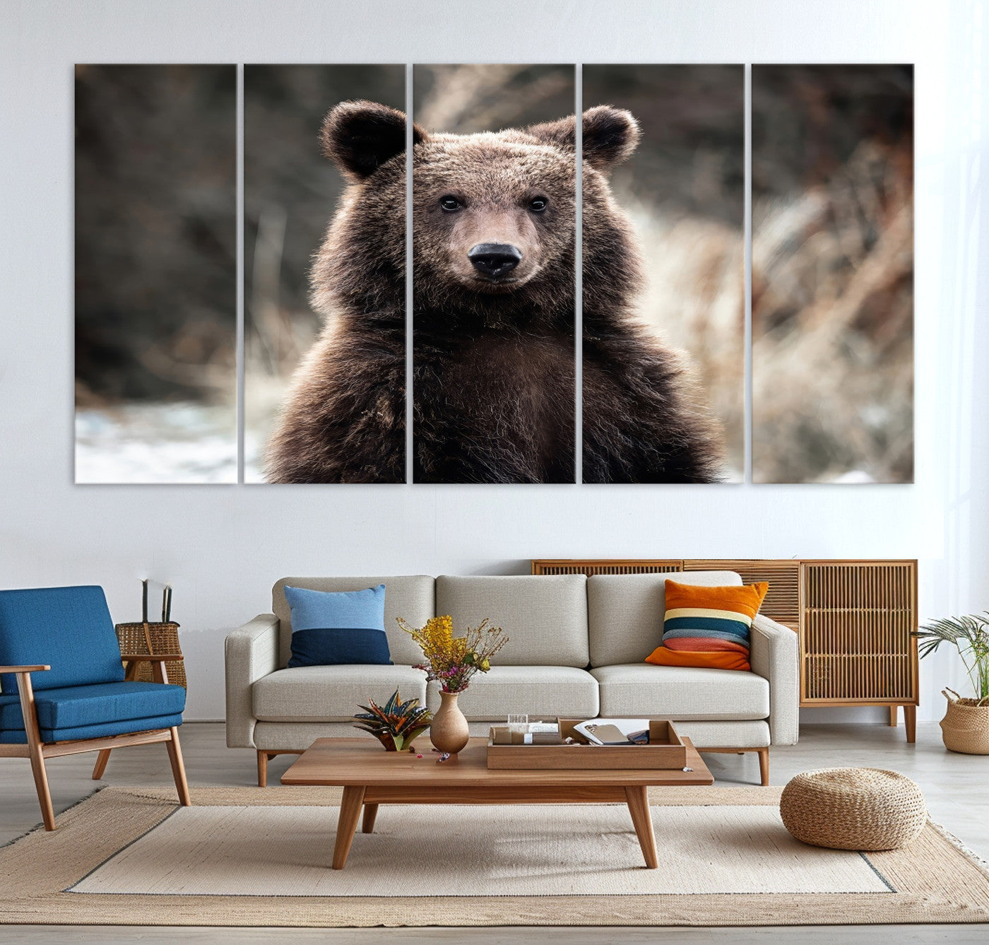 47112103-MGV-CV-36X24-Brown Bear Wall Art Canvas Print – Framed Majestic Woodland Wildlife Scene Artwork for Cabin, Home, Office, Living Room