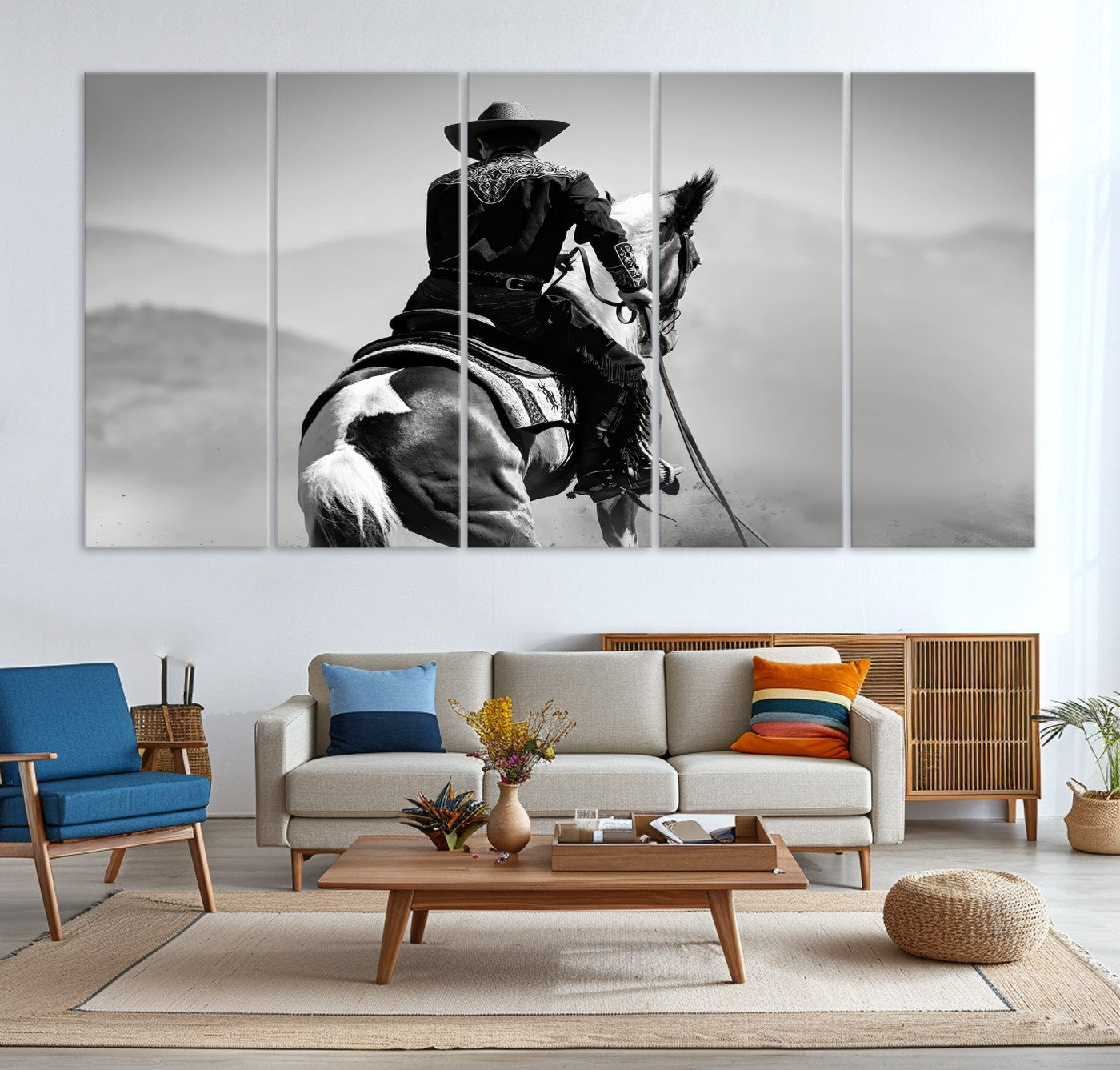 83102464-MGV-CV-36X24-Western Wall Art Canvas Print – Framed Cowboy and Horse Scene Artwork for Rustic Western Home, Office Decor