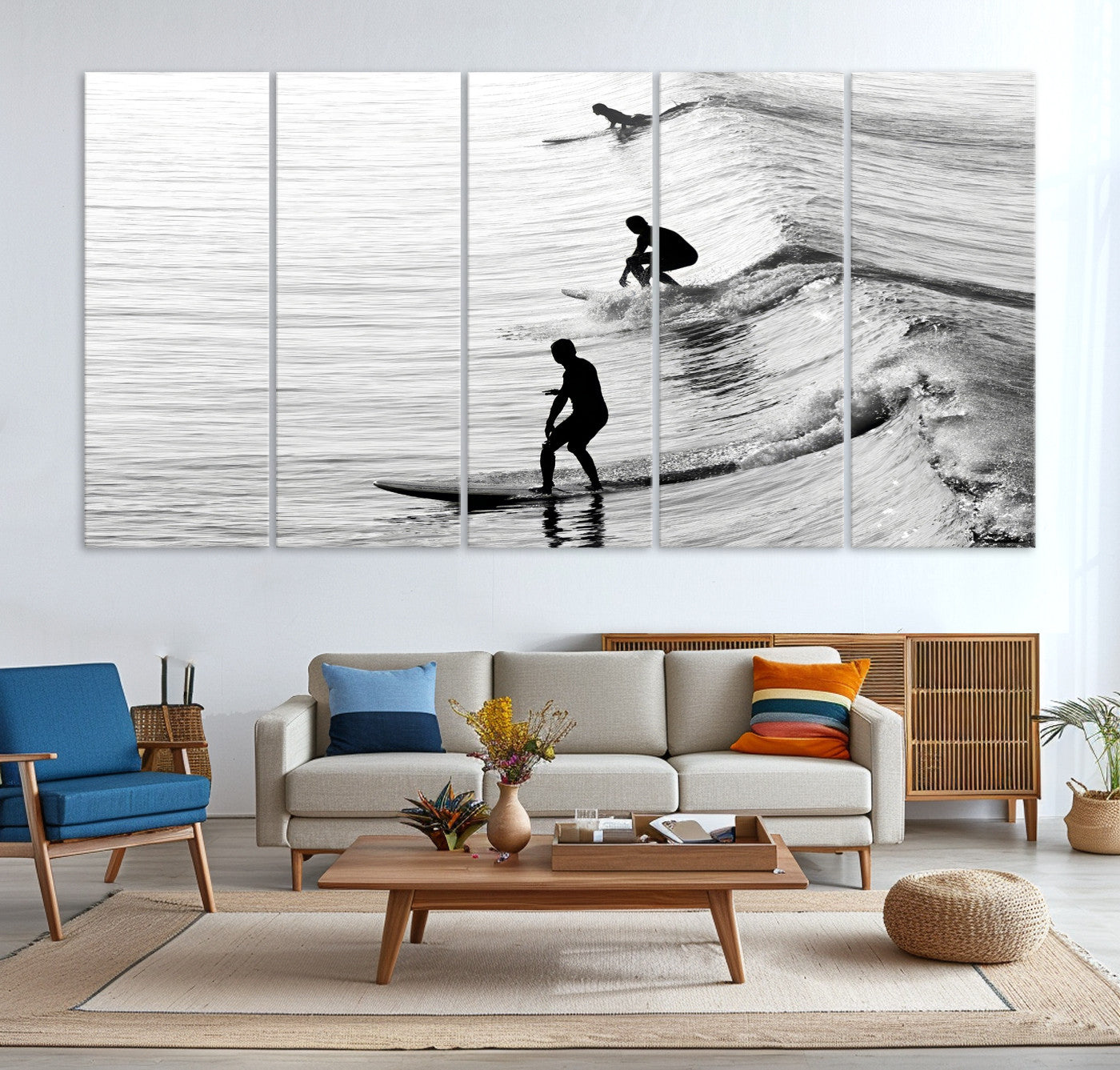 19875284-MGV-CV-36X24-Surfers on Waves Wall Art Canvas Print – Framed Black and White Surf Ocean Monochrome Beach Artwork for Home, Office