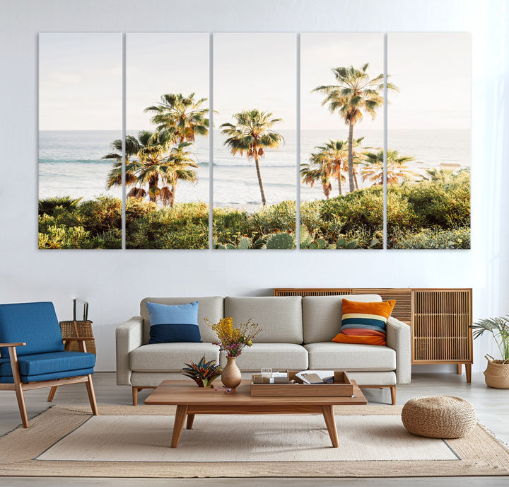 Framed print of sunlit palm trees on the California coast with warm tones, perfect for coastal minimalist or beach-style home decor.