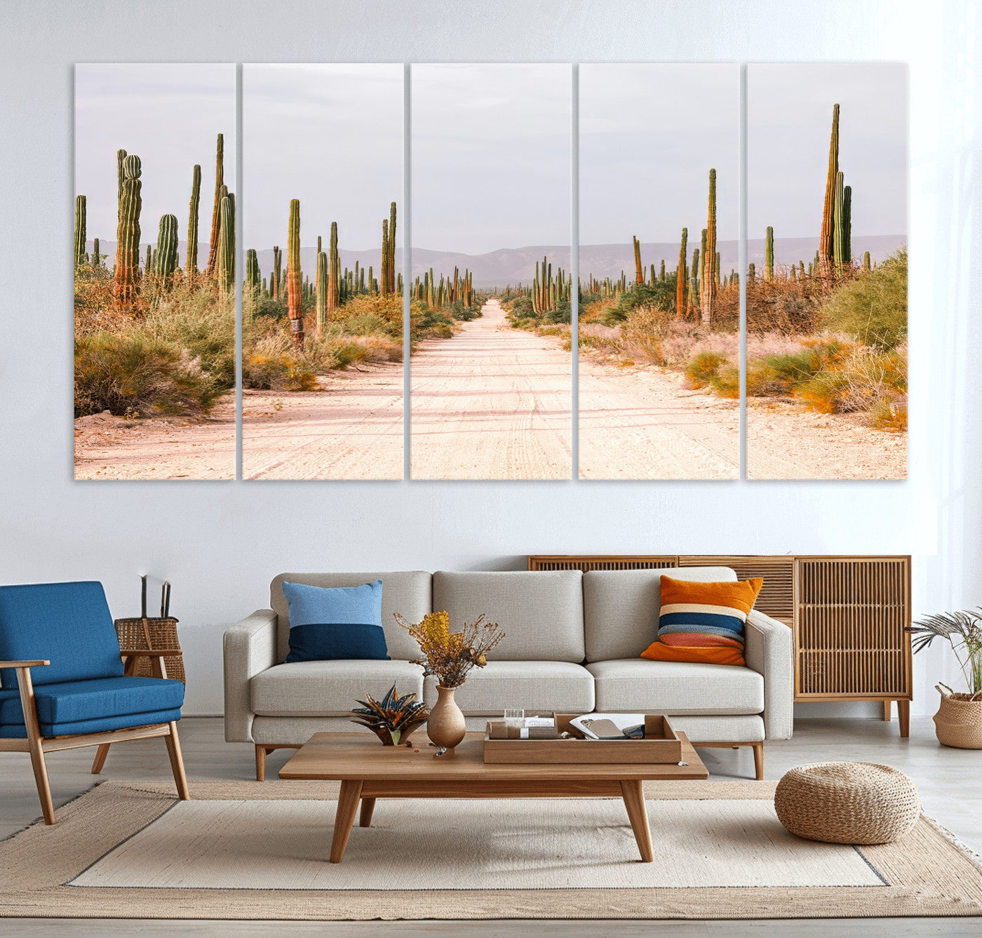 MGV-CV-60X31-5P - Desert Cactus Lined Road Wall Art Canvas Print, Framed Southwestern Landscape Art Picture Print, Bohemian Western Aesthetic Perfect Southwestern Boho Decor Artwork