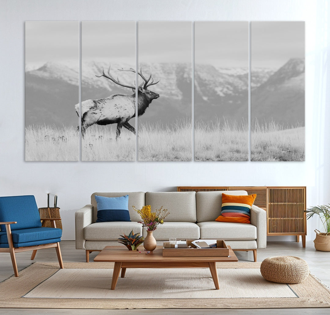 Rustic Elk Wall Art Canvas Print, Wildlife Antler Print, Framed Western Hunting Lodge Art Print, Large Mountain Nature Scene Printing Perfect for Japanese Decor