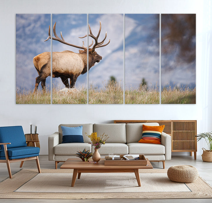 Rustic Elk Wall Art Canvas Print, Wildlife Antler Print, Framed Western Hunting Lodge Art Print