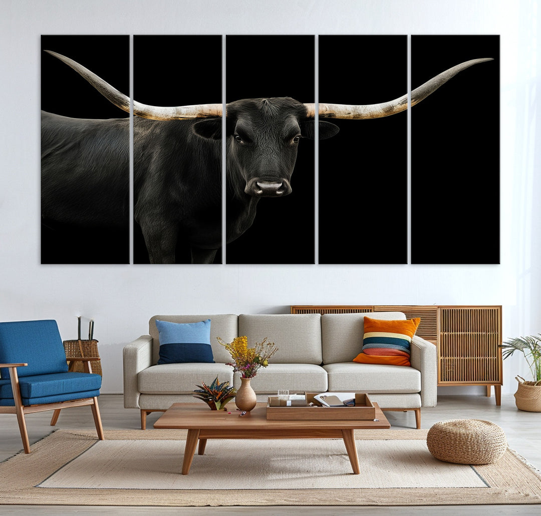 Black White Longhorn Bull Wall Art Canvas Print, Texas Ranch Print, Framed Western Cow Art Print for Farmhouse Decor - Longhorn Print