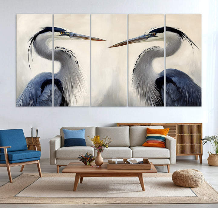 Blue Heron Pair Wall Art Canvas Print, Coastal Bird Theme Print, Framed Tranquil Wildlife Scene Art Print, Large Nature Inspired Decor Printing