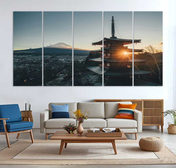 Chureito Pagoda at sunset with Mount Fuji in the background, city lights below, and golden sun rays, ideal for Japanese-inspired wall art.