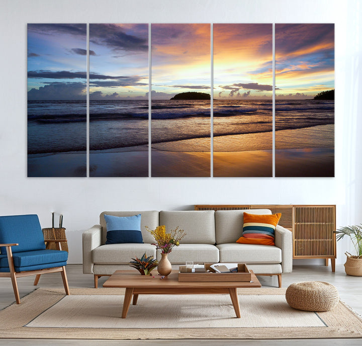 A tropical beach at sunset with waves gently washing ashore, reflecting golden and purple hues in the sky, creating a tranquil coastal scene.