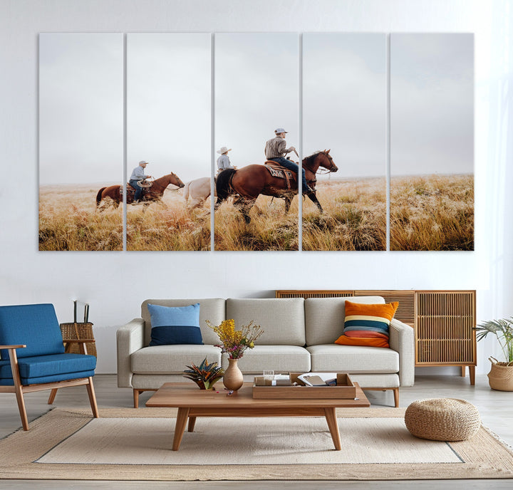 Three cowboys riding horses through a foggy prairie landscape, dressed in Western attire, evoking a rustic and adventurous Wild West aesthetic.