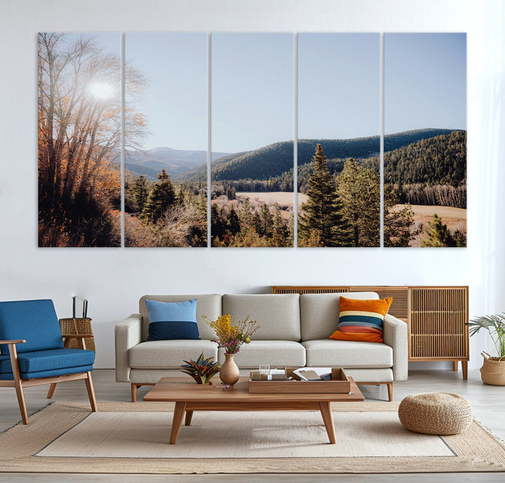 A scenic mountain valley with pine trees and autumn foliage under a clear sky, bathed in golden sunlight, creating a peaceful and rustic landscape.