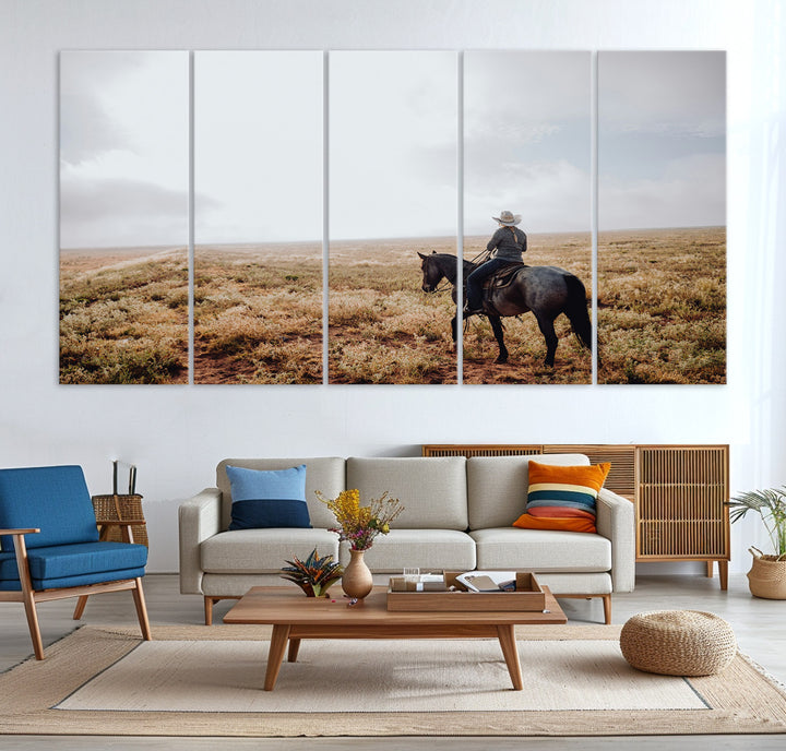 A lone cowboy riding horseback across an open prairie under a vast sky, capturing the rugged and timeless spirit of the Western frontier.