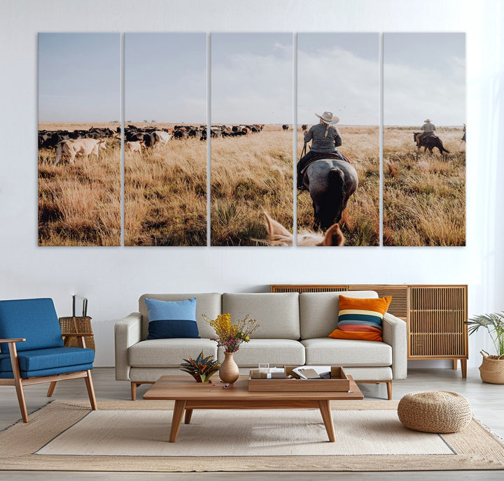 A cowboy and cowgirl on horseback herding cattle through golden grasslands, capturing a rustic and authentic Western ranch lifestyle.