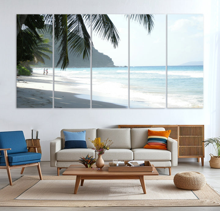 Tropical beach with palm tree shadows, white sand, and turquoise ocean waves, creating a serene and relaxing island escape atmosphere.