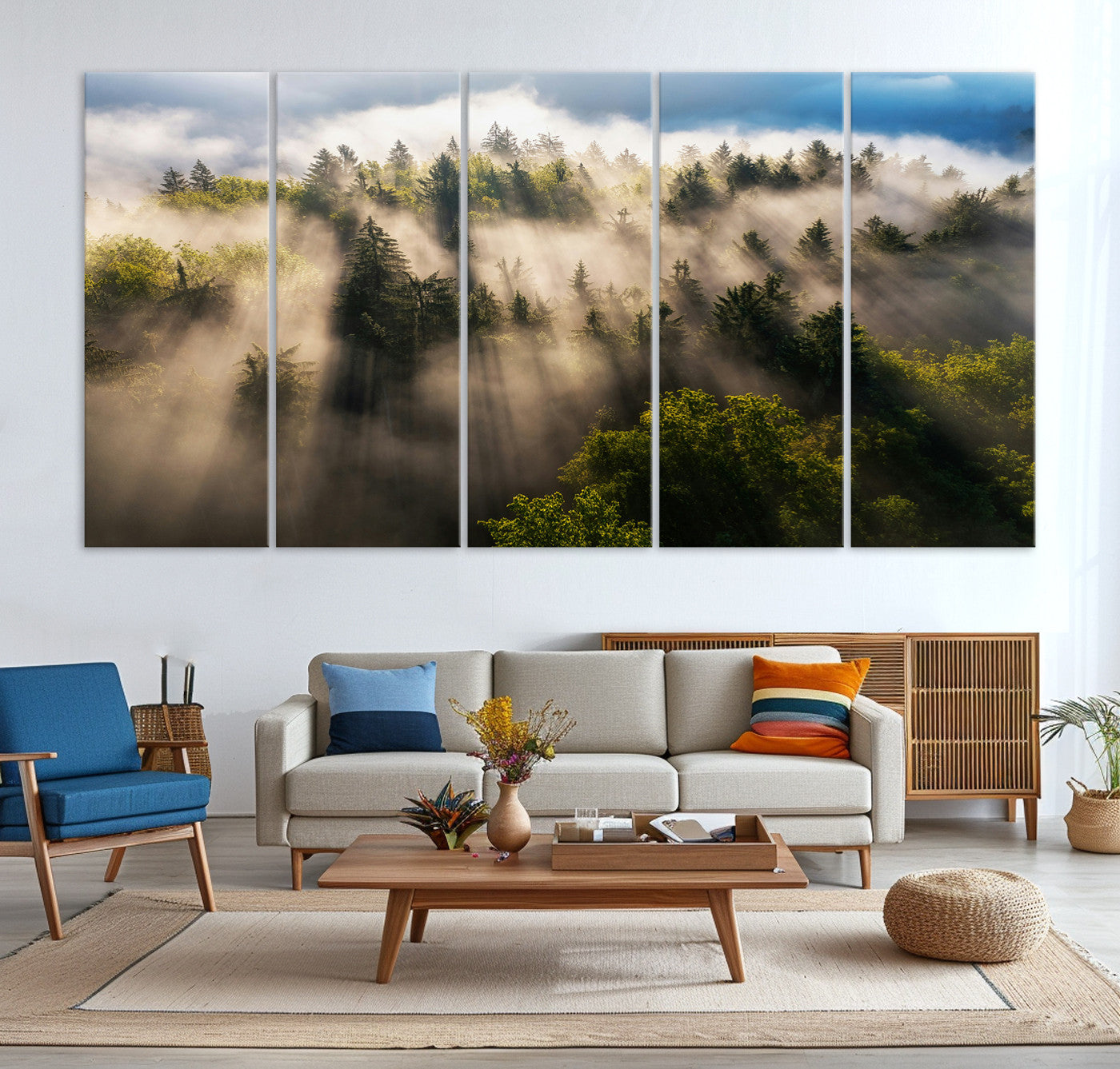 14785710-MGV-CV-36X24-Tranquil Forest Scene Wall Art Canvas Print – Framed Moody Sunbeam Through Trees Nature Artwork for Home Office