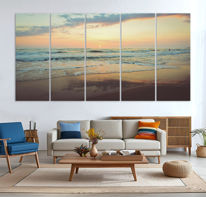 Warm sunset over gentle ocean waves with pastel sky and reflections on wet sand, creating a calm and soothing beach ambiance.