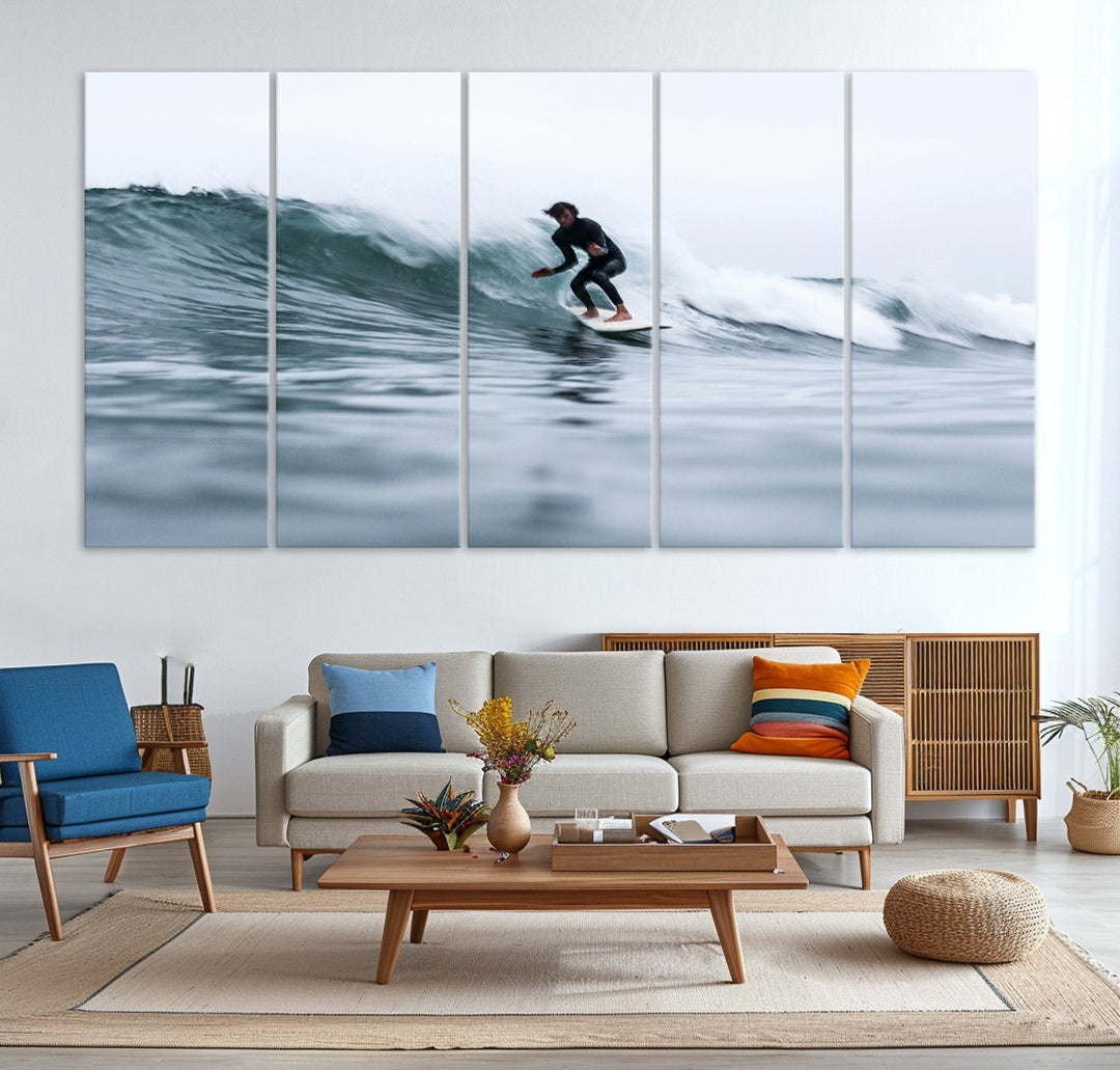 Surfer on Wave Wall Art Canvas Print, Ocean Adventure Print, Framed Motion Blur Water Art Print, Large Deep Blue Surf Printing