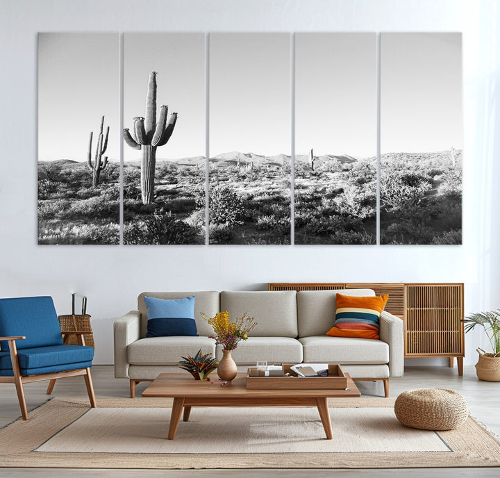 Saguaro Cactus Wall Art Canvas Print, Monochrome Landscape Print, Framed Scenic Arizona Art Print, Large Timeless Western Aesthetic Printing