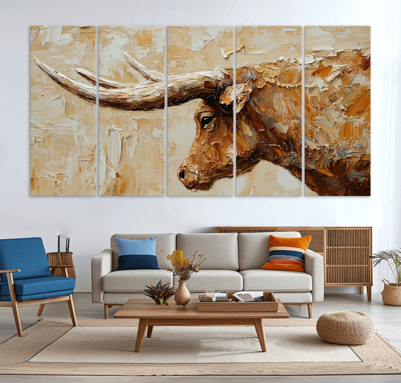 69611428-MGV-CV-36X24-Rustic Longhorn Bull Wall Art Canvas Print – Vintage Western Cattle Texas Steer Scene Artwork for home, office