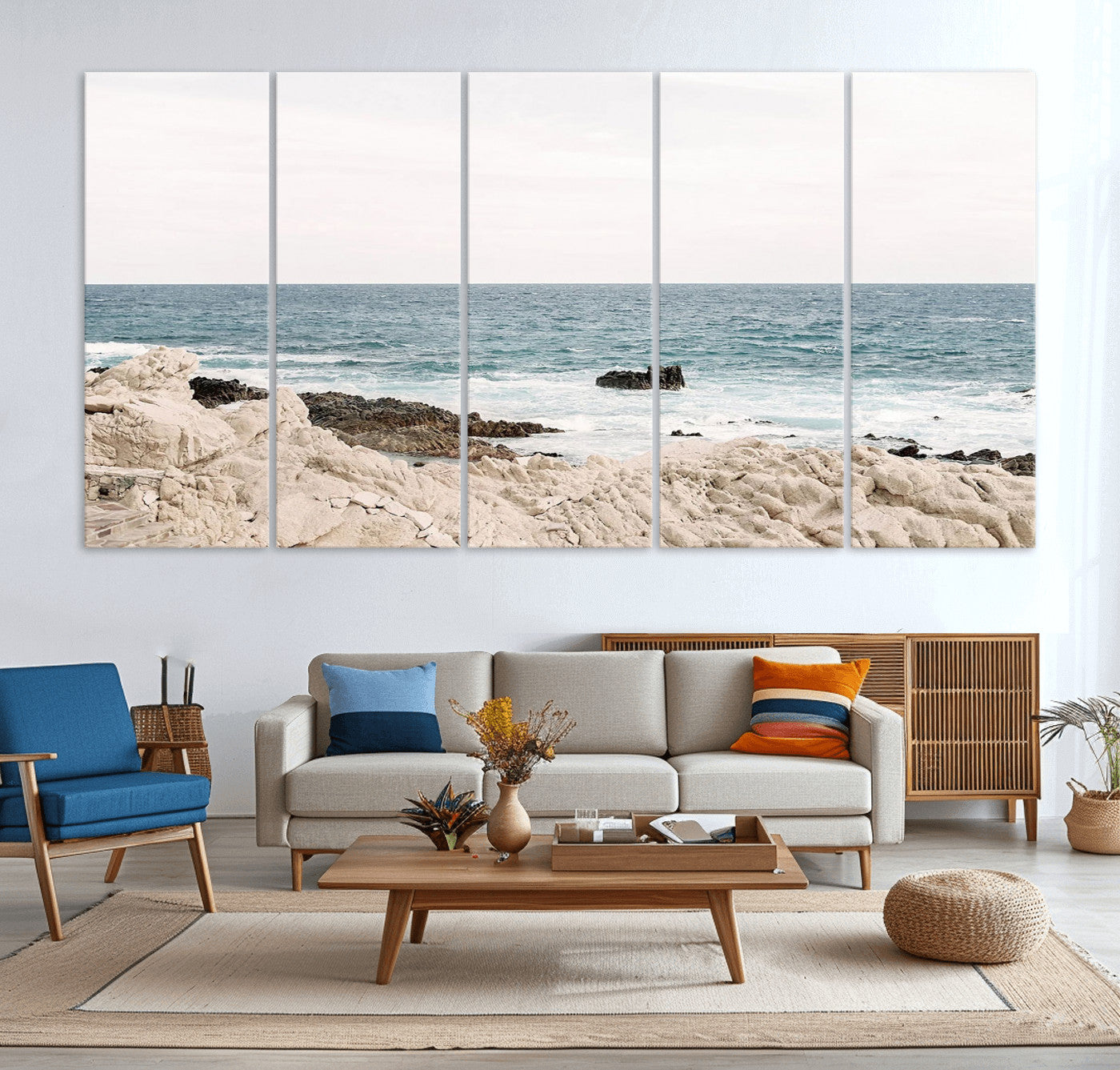 25481980-MGV-CV-36X24-Coastal Ocean View Wall Art Canvas Print – Serene Rocky Shoreline and Blue Sea Photography for Coastal Chic or Minimalist Home Decor