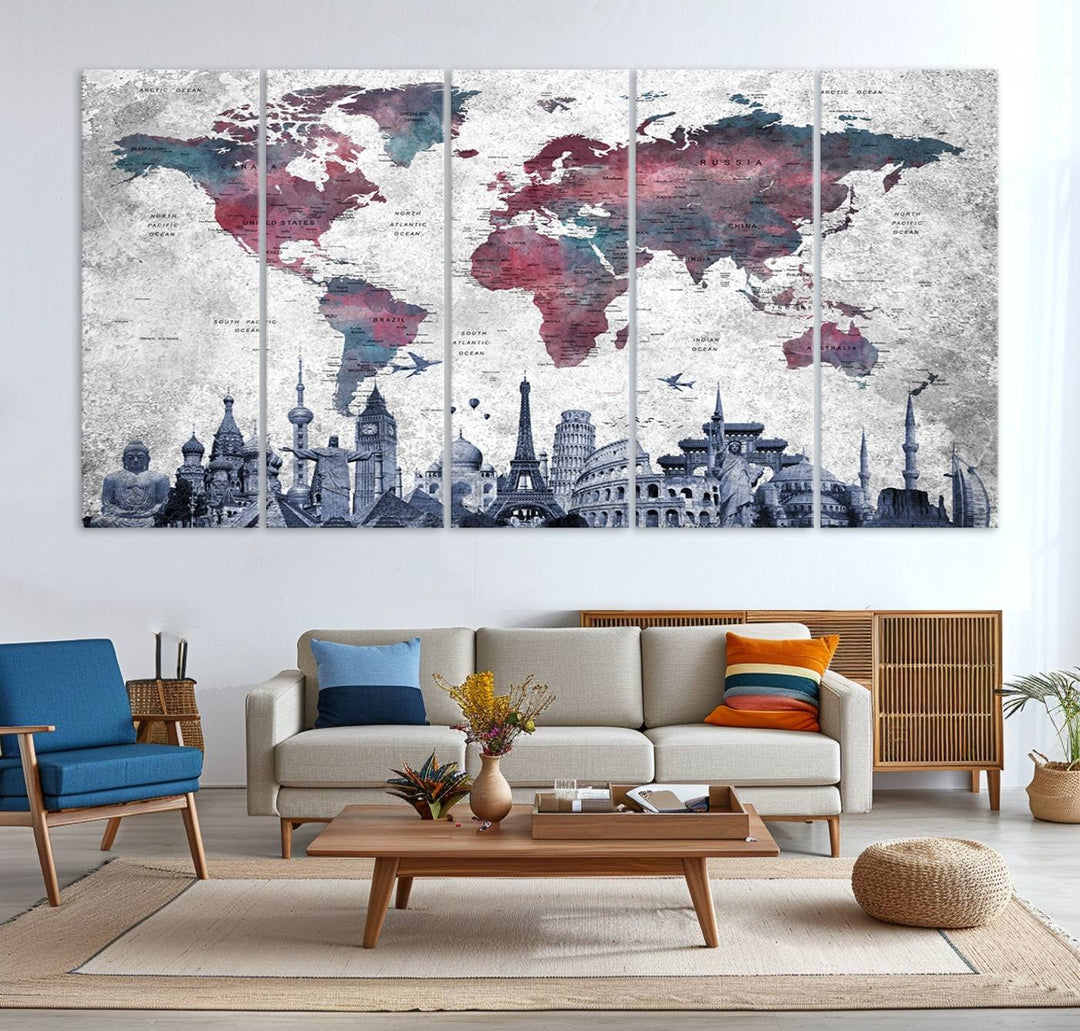 The dining room features a Blue Multipanel World Map Wall Art Canvas Print that adorns the wall, highlighting its neutral decor.