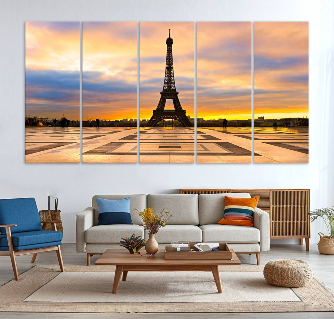 The "Paris Eiffel Tower Wall Art Canvas Prints" graces a wooden wall reminiscent of abstract expressionism.