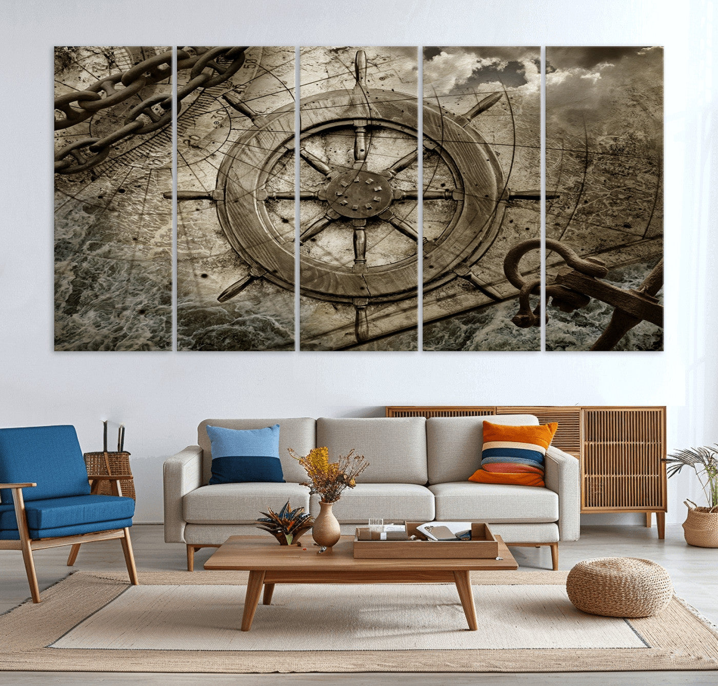98180-MGV-CV-36X24-Wooden Ship Wheel Canvas Print, Multi Panel Canvas Wall Art Print