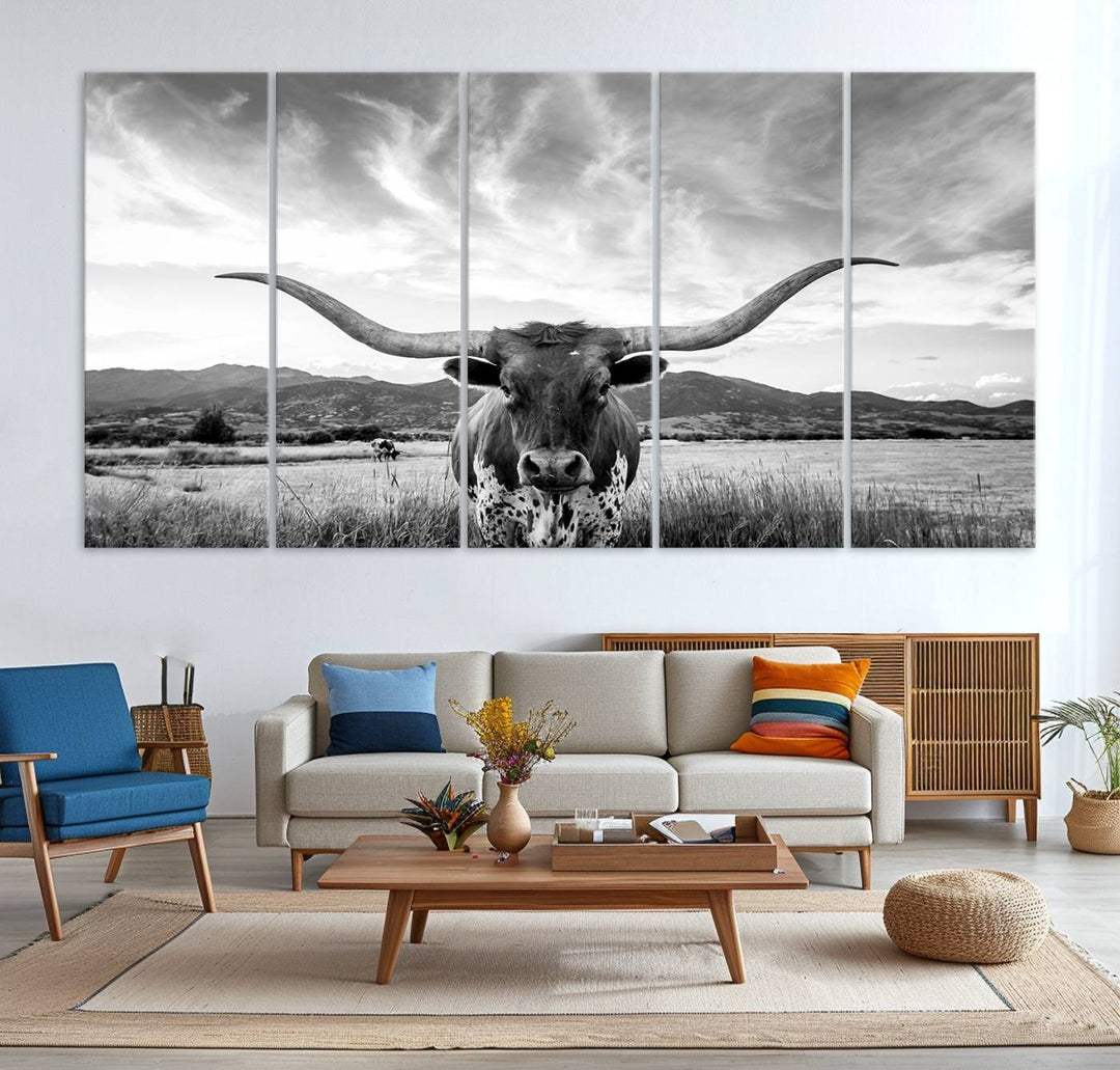 Longhorn Cow Wall Art Canvas Print Farmhouse Wall Art - Texas Longhorn Wall Art Print