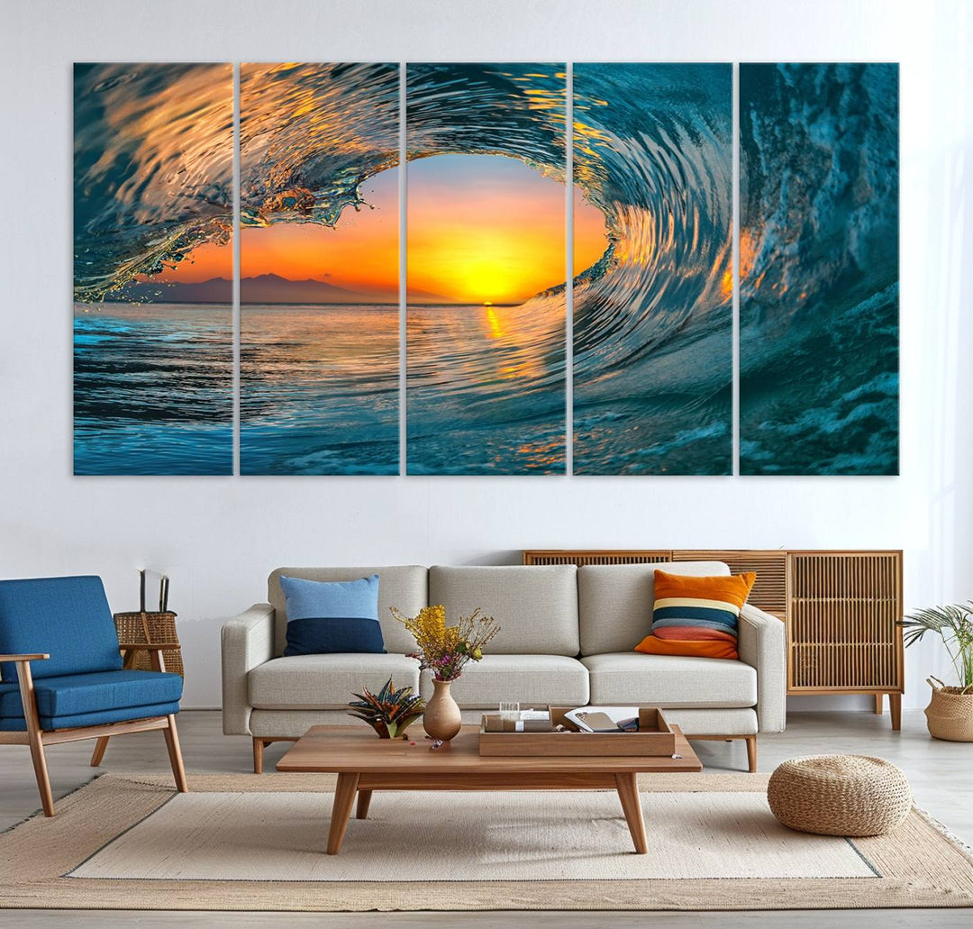 The Ocean Wave Sunset Wall Art canvas print features a vibrant ocean wave at sunset, forming a tunnel with silhouetted mountains.