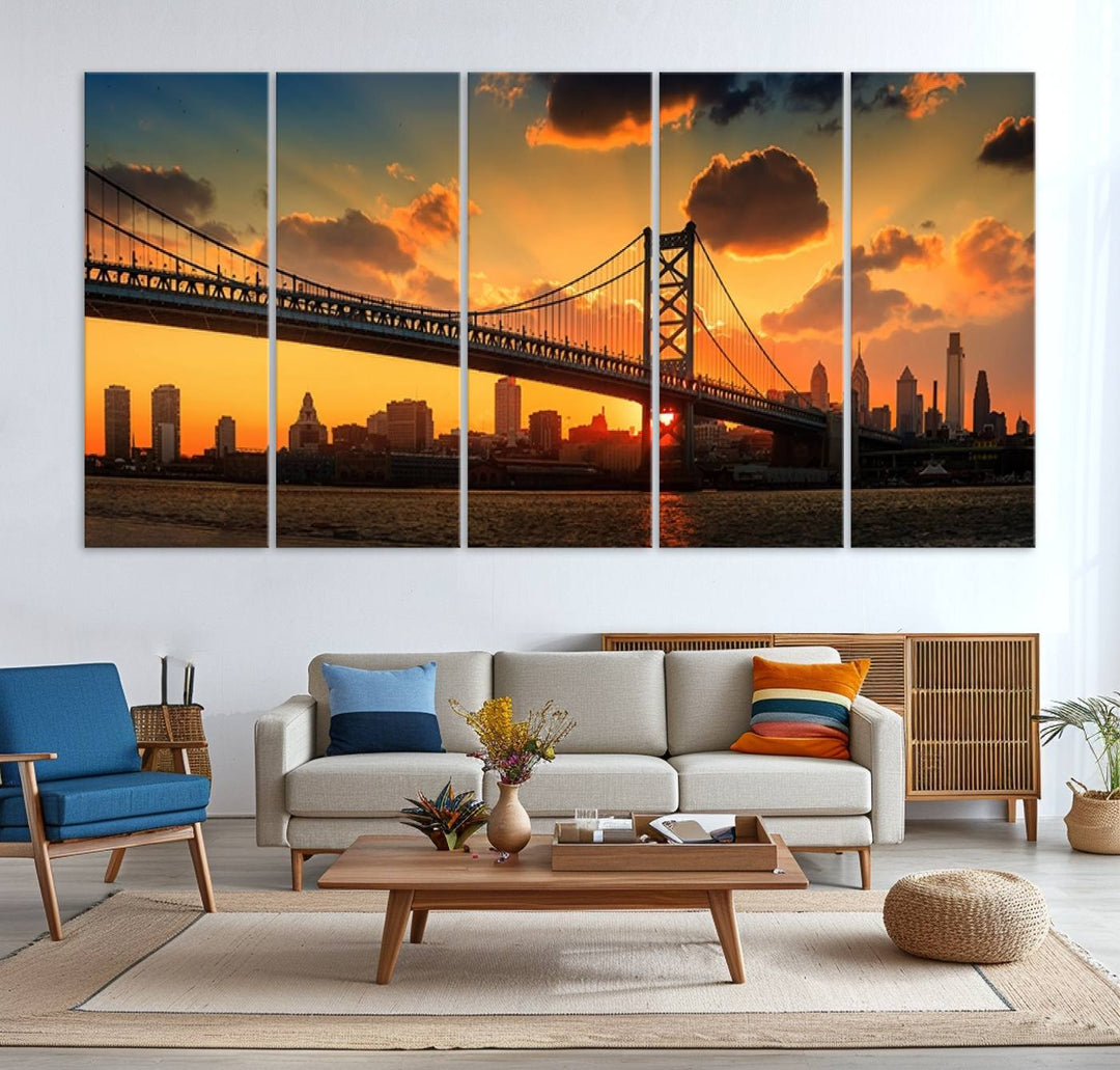 The Philadelphia Ben Franklin Bridge Wall Art Canvas Print radiates charm, embodying the beauty of premium canvas. This handmade-in-the-USA artwork captures attention with its distinct presence.