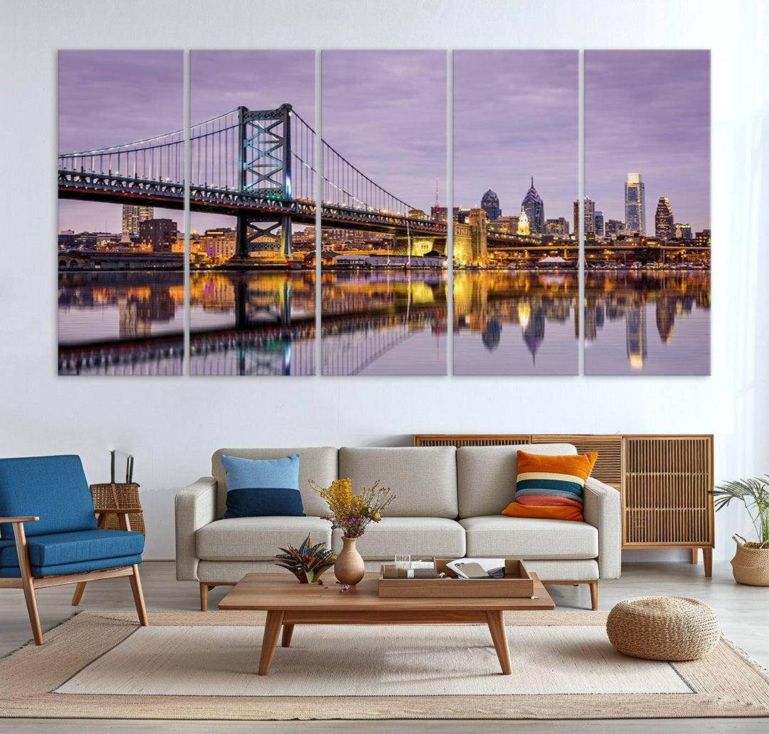 A woman holds the Philadelphia Ben Franklin Bridge Wall Art Canvas Print, a gallery-quality photo showcasing a city skyline with the bridge reflecting on the river. This stunning piece would make an excellent addition as premium canvas wall art for any home.