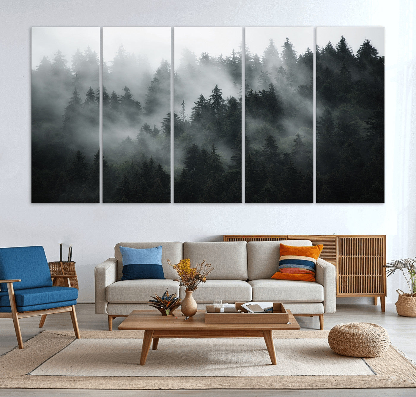 52359-MGV-CV-36X24-Foggy Forest Wall Art Canvas Print | 3 Panel Large Misty Landscape for Dining Room, Office, or Living Room | Ready to Hang Nature Deco
