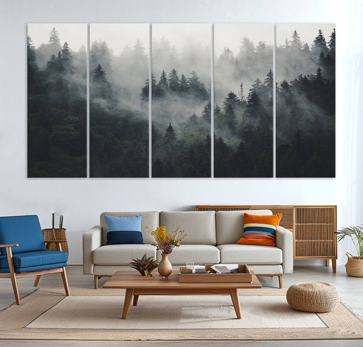 The Serene Triptych Print features tall evergreens, creating a mysterious and calming atmosphere.